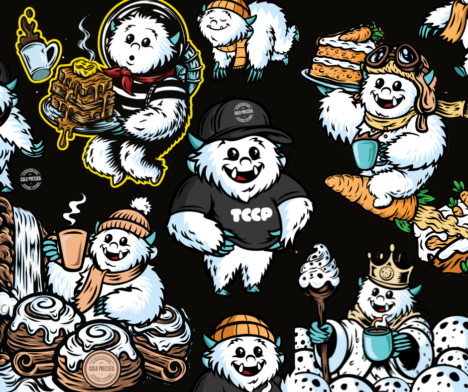 Illustrations of a yeti mascot character named Coldman with various poses and accessories on a black background.