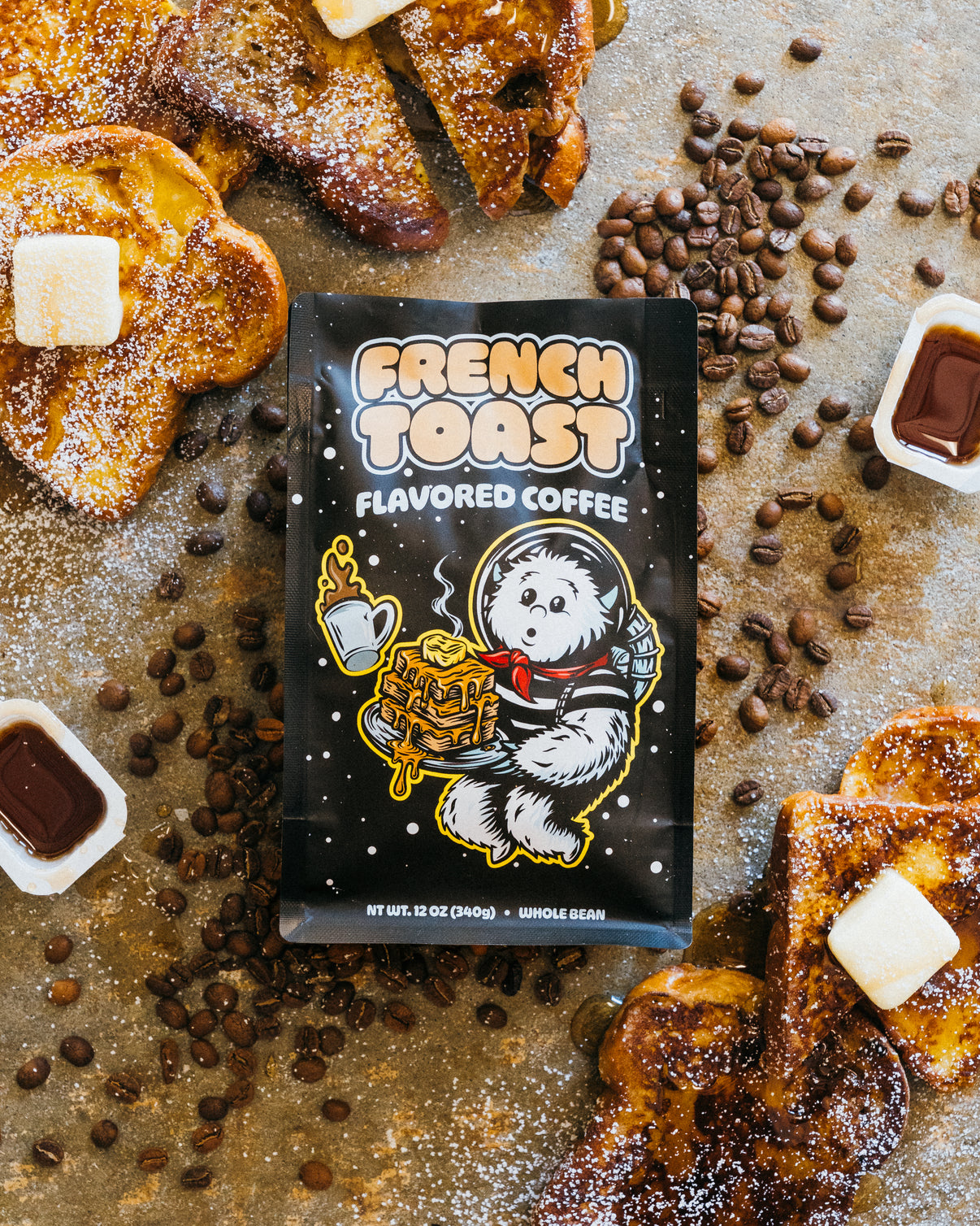 French toast flavored coffee package with French toast and coffee beans on a rustic background